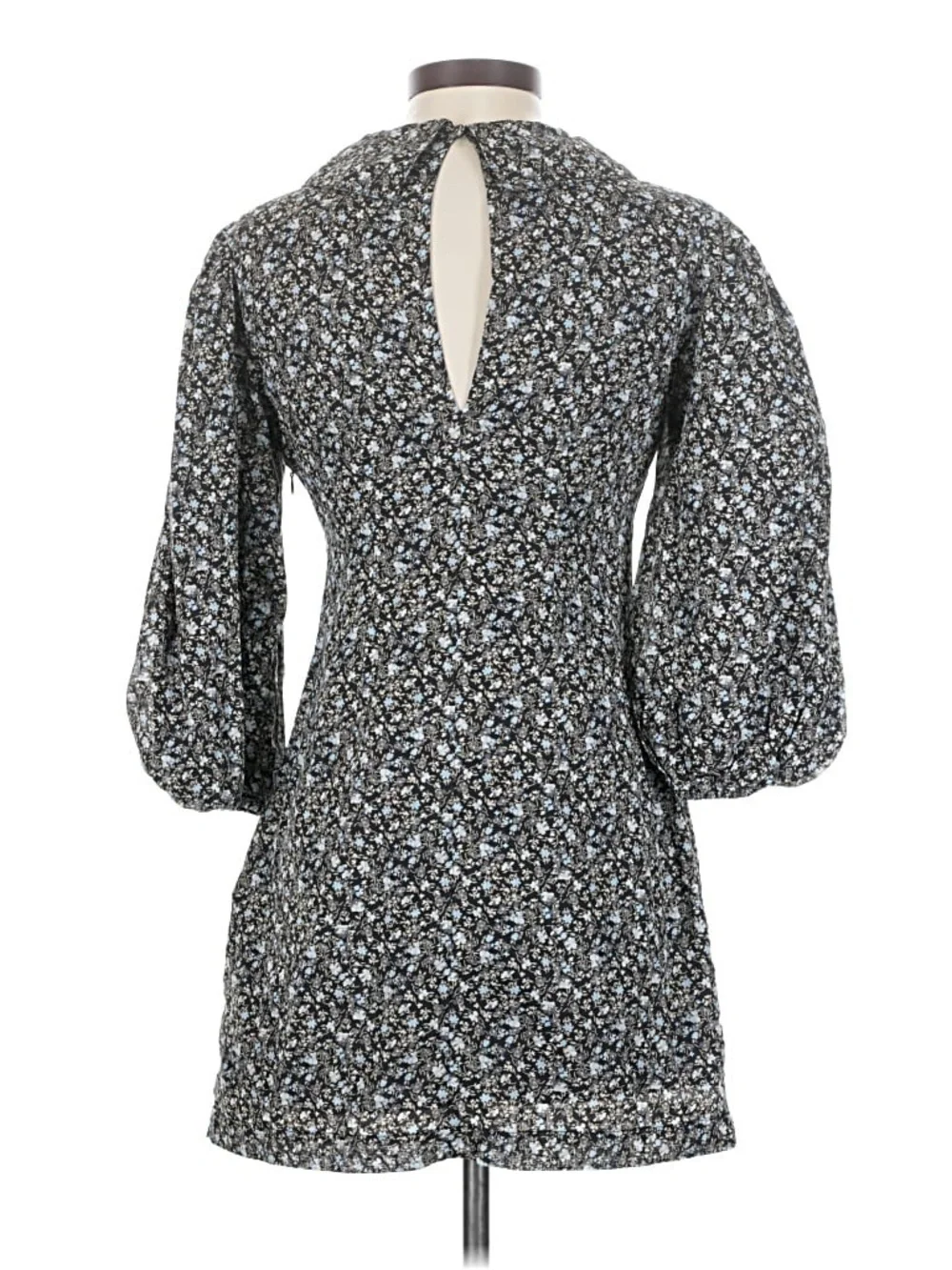 Free People Black & Light Blue Floral Puff-Sleeve Mini Dress